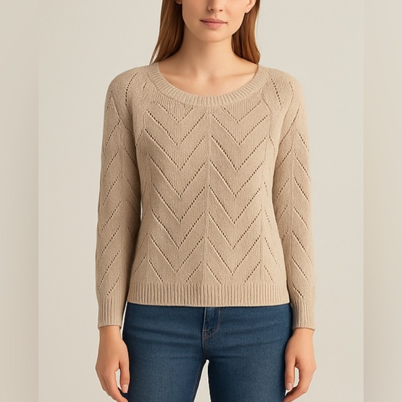 Olive & Oak Sweaters - Olive & Oak Open-Knit Chevron Pullover Sweater – Beige – Size M – Cotton Blend